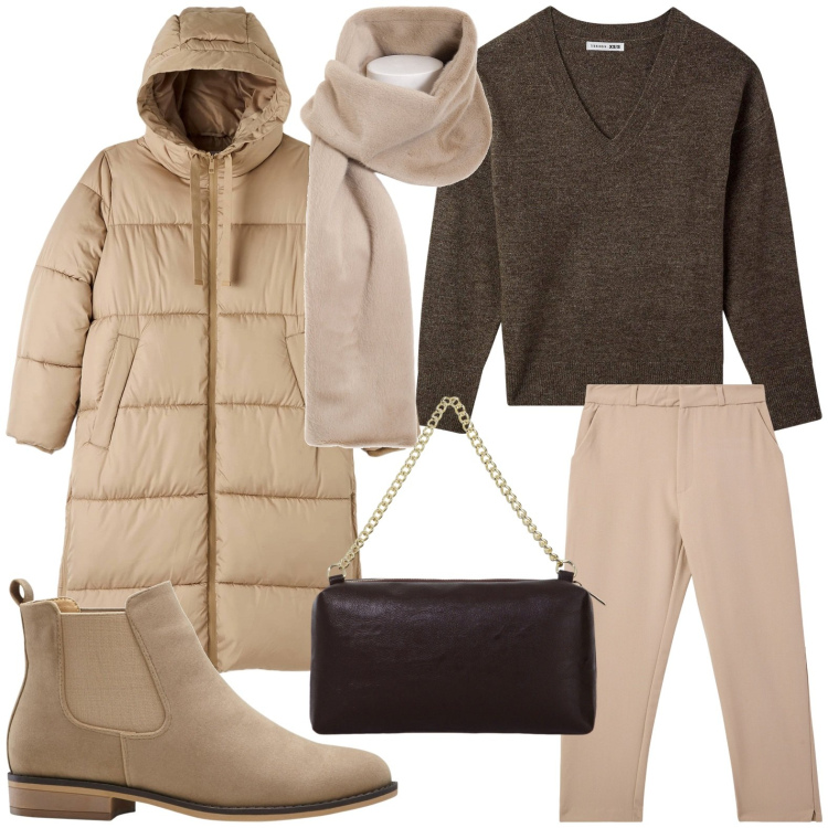 Outfit donna - Panna e cioccolato. Stile Minimal per Tutti i giorni. Abbinamento con stivaletti chelsea, maglieria, pantaloni chino, piumini, foulard, borse a tracolla.