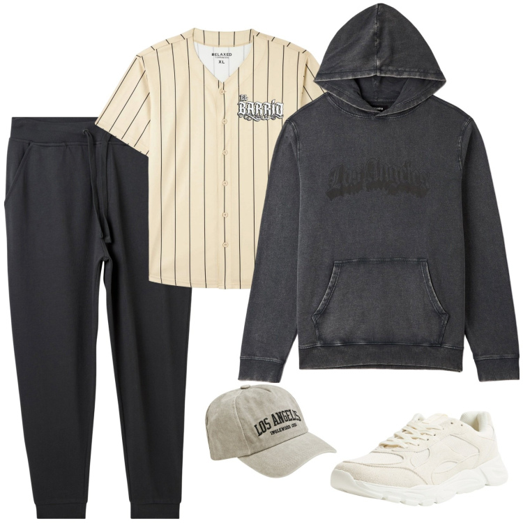 Outfit uomo - Sportivo. Stile Casual per Tutti i giorni. Abbinamento con t-shirt, felpe con cappuccio, sneakers, cappelli, pantaloni.