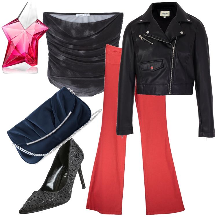 Outfit donna - Serata disco. Stile Trendy per Serata fuori. Abbinamento con pochette, profumi, top, décolleté, blazer, pantaloni.