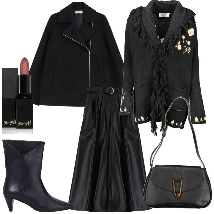 Outfit donna - Black look. Stile Glamour per Serata fuori. Abbinamento con rossetti, blazer, gonne lunghe, stivaletti, cardigans, borse a tracolla.