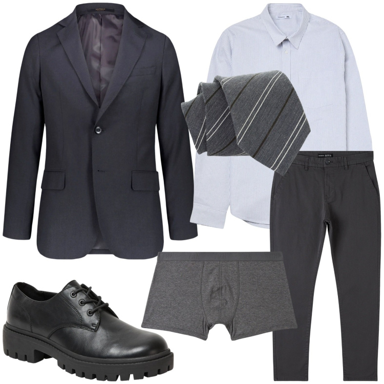 Outfit uomo - Tendenza grigio. Stile Urban per Ufficio. Abbinamento con pantaloni chino, scarpe stringate, boxer, camicie, cravatte, giacche.