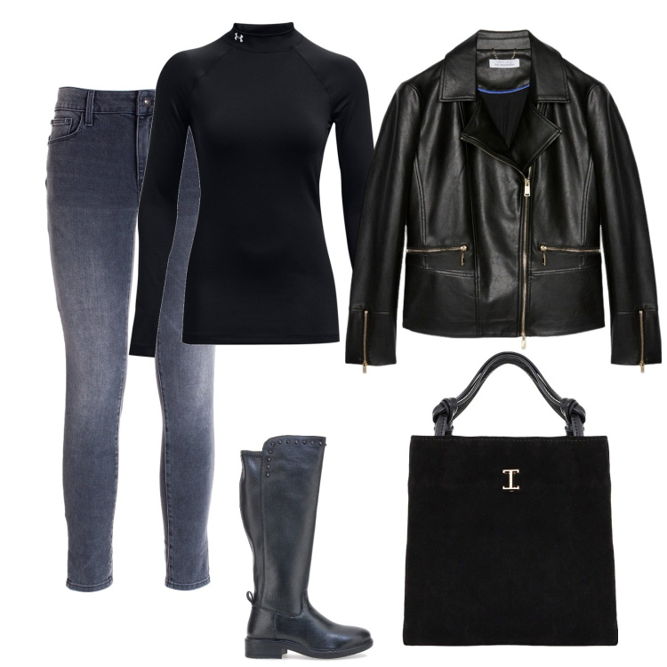 Outfit donna - Look totale nero. Stile Rock per Tutti i giorni. Abbinamento con jeans skinny, shopping bag, stivali, pullovers, blazer.