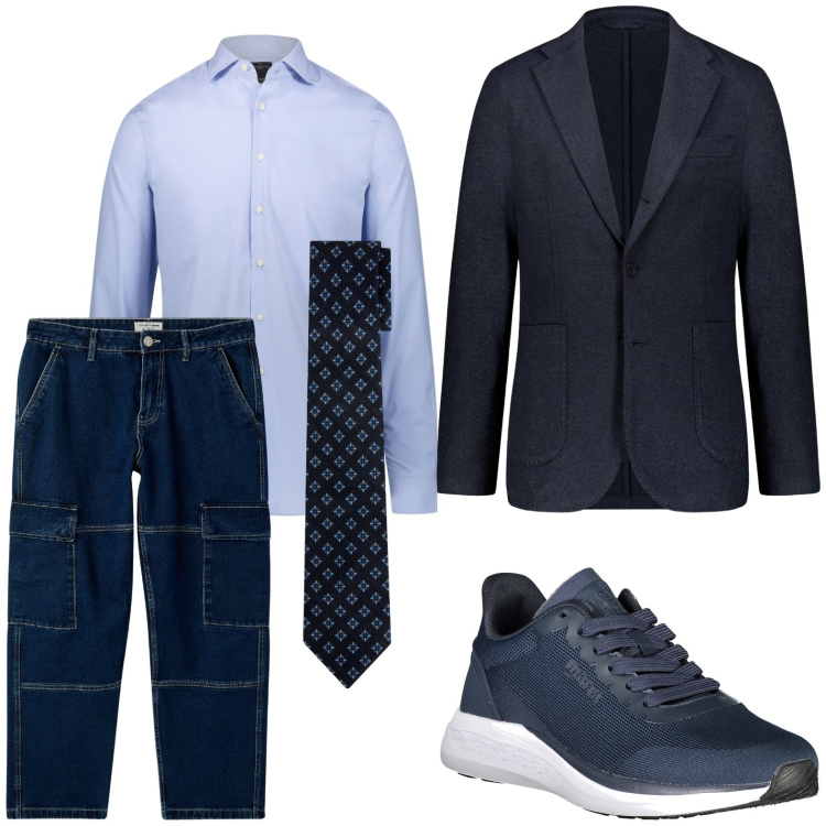 Outfit uomo - Il blu che non stanca. Stile Casual per Ufficio. Abbinamento con jeans, camicie, cravatte, giacche, sneakers.