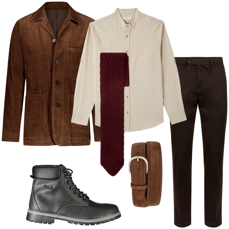 Outfit uomo - Cioccolato e panna. Stile Trendy per Ufficio. Abbinamento con camicie, cinture, giacche, pantaloni chino, cravatte, stivali.