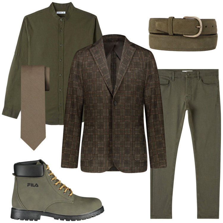 Outfit uomo - Escalation verde. Stile Trendy per Ufficio. Abbinamento con camicie, pantaloni skinny, giacche, stivali, cravatte, cinture.