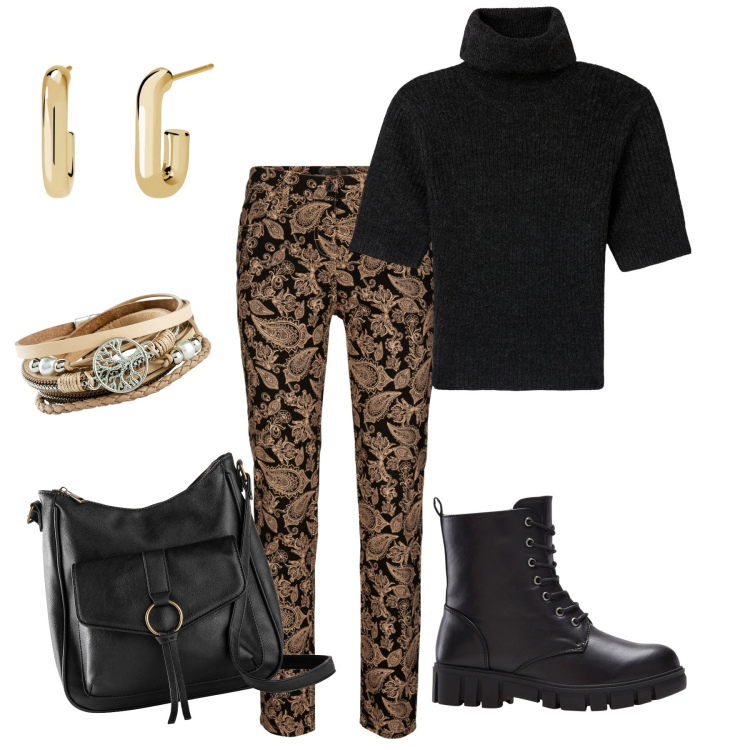 Outfit donna - Sera d\'autunno. Stile Casual chic per Serata fuori. Abbinamento con pantaloni, stivaletti, braccialetti, borse a tracolla, maglieria, orecchini.
