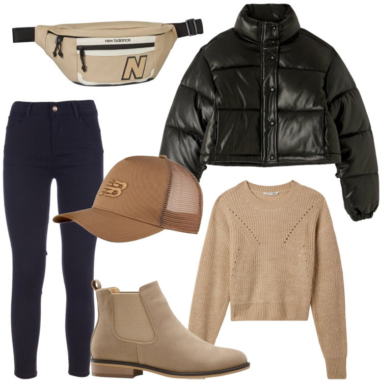 Outfit donna - Arriva il weekend. Stile Casual per Tutti i giorni. Abbinamento con stivaletti chelsea, maglieria, piumini, cappelli con visiera, marsupi, jeans skinny.