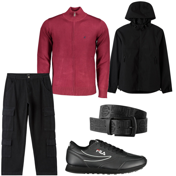 Outfit uomo - Il pull rosso mattone. Stile Trendy per Tutti i giorni. Abbinamento con cinture, giacche, pantaloni cargo, sneakers, cardigans.