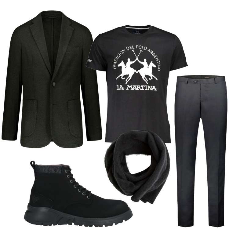Outfit uomo - Total black. Stile Biker Rock per Serata speciale. Abbinamento con stivali e stivaletti, sciarpe e foulard, giacche, pantaloni, t-shirt.