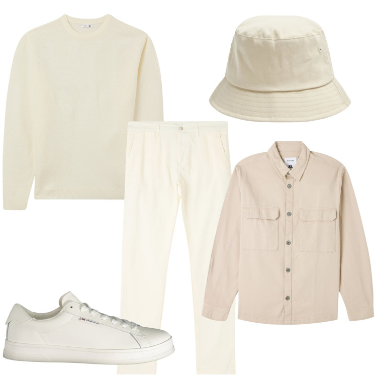 Outfit uomo - Total white. Stile Trendy per Tutti i giorni. Abbinamento con camicie, cappelli, pantaloni chino, maglieria, sneakers.