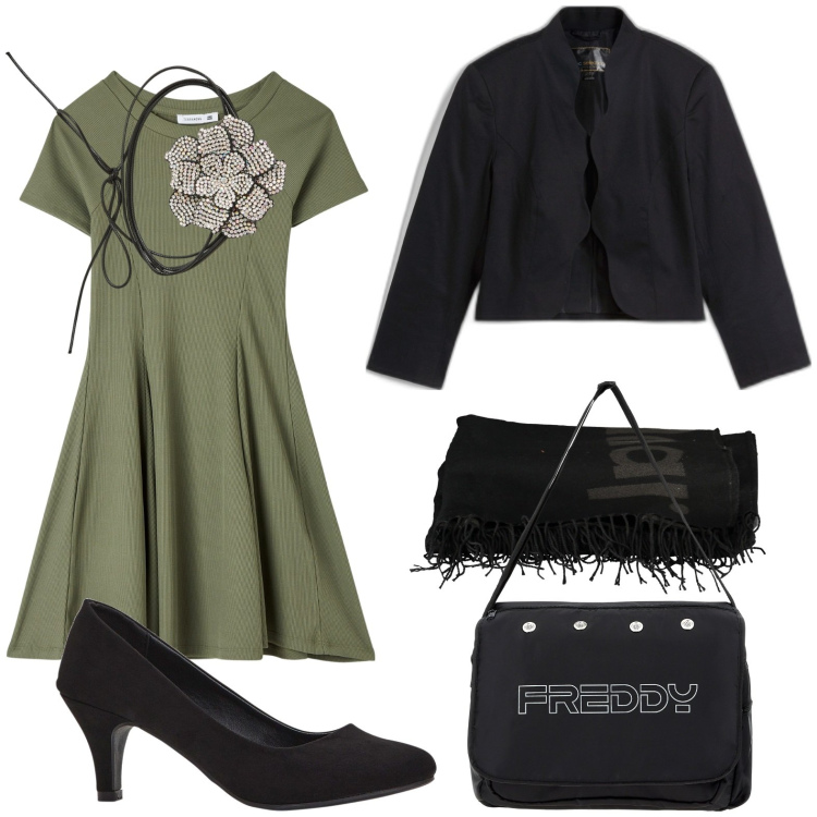Outfit donna - Attraente in verde. Stile Chic per Serata fuori. Abbinamento con décolleté, blazer, vestiti corti, collane, borse messenger, cappotti.