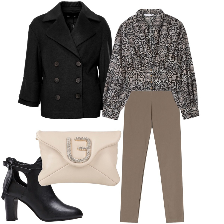 Outfit donna - La blusa pitonata. Stile Casual chic per Serata fuori. Abbinamento con stivaletti, borse a mano, bluse, cappotti, pantaloni skinny.