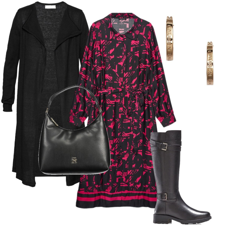 Outfit donna - L’abito stampato chemisier. Stile Trendy per Serata fuori. Abbinamento con cardigans, stivali, orecchini, vestiti chemisier, borse a spalla.