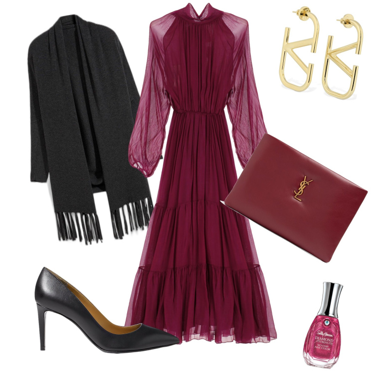 Outfit donna - Nozze autunnali. Stile Glamour per Cerimonia. Abbinamento con cardigans, smalti, décolleté, vestiti lunghi, orecchini, pochette.