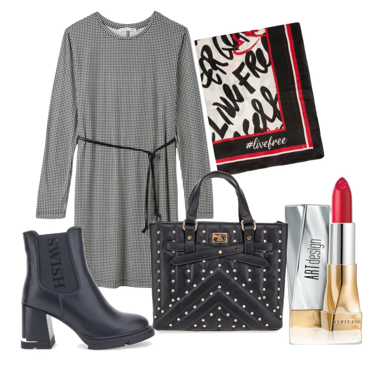 Outfit donna - In ufficio. per Ufficio. Abbinamento con foulard, rossetti, borse a mano, stivaletti chelsea, vestiti midi/longuette.