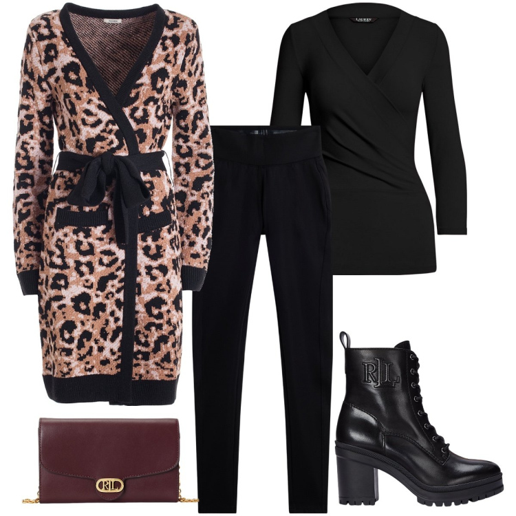 Outfit donna - Il cardigan animalier. Stile Sexy per Serata fuori. Abbinamento con cardigans, leggings, borse a tracolla, top, stivaletti.