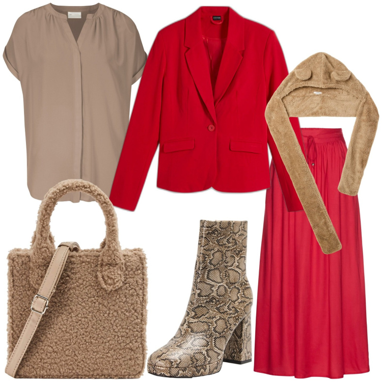 Outfit donna - Rosso vieni avanti. Stile Casual chic per Ufficio. Abbinamento con gonne lunghe, blazer, camicie, shopping bag, berretti, stivaletti.