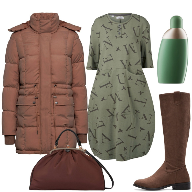 Outfit donna - Il vestito alfabeto. Stile Glamour per Scuola/Università. Abbinamento con stivali, piumini, vestiti midi/longuette, profumi, borse a spalla.