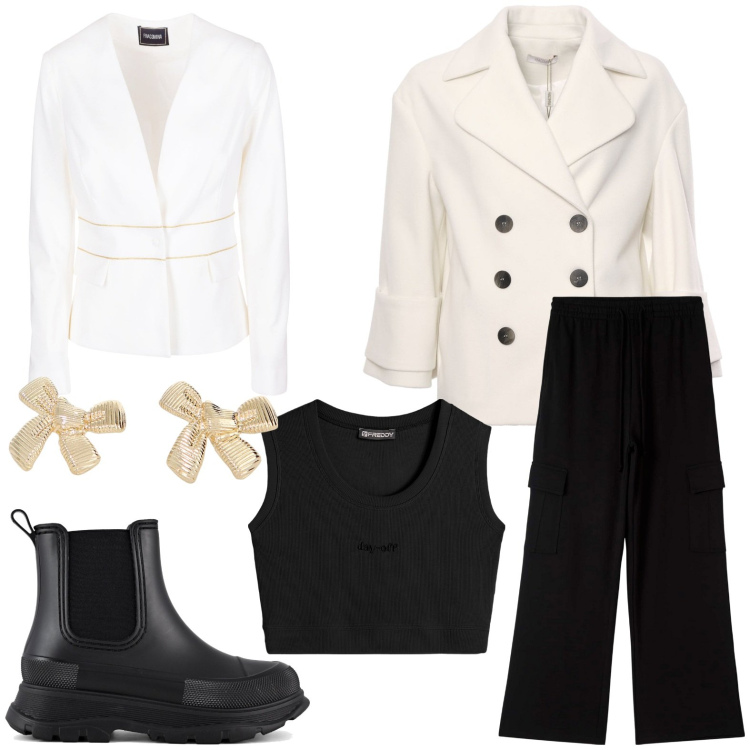 Outfit donna - Giornata sprint. Stile Chic per Ufficio. Abbinamento con pantaloni cargo, blazer, cappotti, top, orecchini, stivali.
