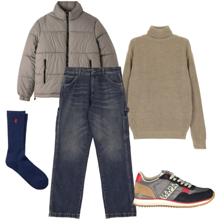 Outfit uomo - Il bomber color tortora. Stile Urban per Tutti i giorni. Abbinamento con piumini, jeans, maglieria, calzini, sneakers.