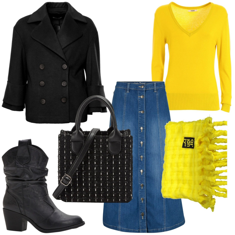 Outfit donna - Denim quotato. Stile Minimal per Scuola/Università. Abbinamento con stivaletti texani, gonne longuette, shopping bag, cappotti, maglieria, sciarpe.