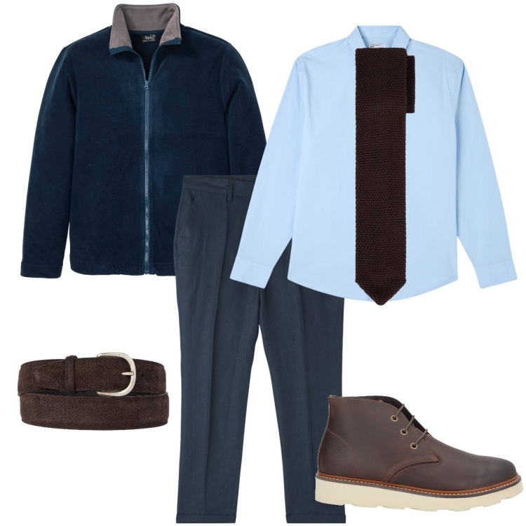Outfit uomo - Blu e marrone. Stile Business/Elegante per Serata speciale. Abbinamento con giacche, stivali e stivaletti, pantaloni chino, camicie, cinture, cravatte.