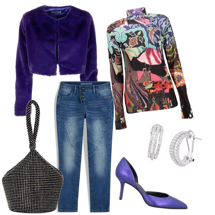 Outfit donna - Serata in jeans e ecopelliccia. Stile Glamour per Serata fuori. Abbinamento con jeans boyfriend, décolleté, orecchini, pochette, blazer, maglieria.