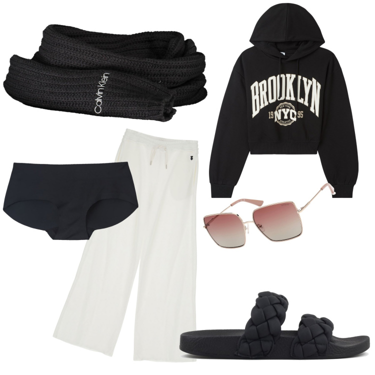 Outfit donna - At home. Stile Basic per Tutti i giorni. Abbinamento con culotte, felpe con cappuccio, pantaloni a palazzo, sciarpe, ciabatte, occhiali da sole.