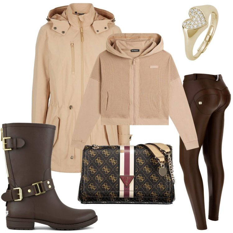 Outfit donna - Stile pop funny. Stile Trendy per Tutti i giorni. Abbinamento con parka, anelli, felpe con cappuccio, pantaloni skinny, stivali, borse a spalla.