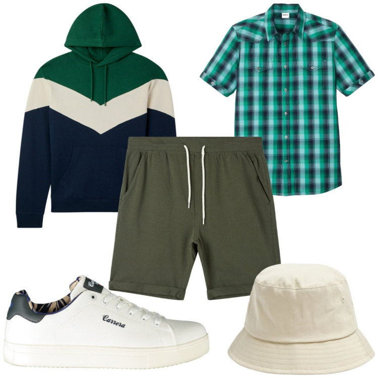 Outfit uomo - Total look #1984176. Stile Trendy per Tutti i giorni. Abbinamento con camicie a manica corta, cappelli, shorts, felpe con cappuccio, sneakers.
