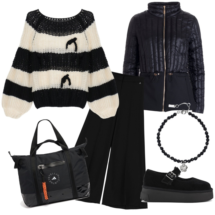 Outfit donna - Anche oggi piove. Stile Casual chic per Tutti i giorni. Abbinamento con braccialetti, maglieria, piumini, pantaloni a palazzo, décolleté, shopping bag.