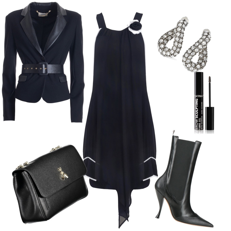 Outfit donna - Mostra pittorica. Stile Chic per Serata fuori. Abbinamento con stivaletti chelsea, mascara, blazer, vestiti a tubino, orecchini, borse a spalla.