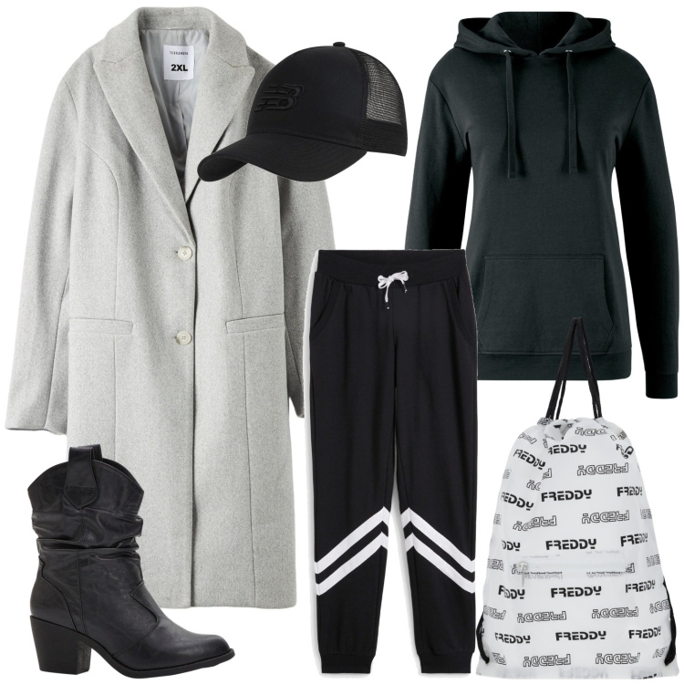 Outfit donna - Sporty chic. Stile Sporty chic per Tutti i giorni. Abbinamento con felpe con cappuccio, pantaloni, stivaletti texani, cappotti, cappelli con visiera, zaini.
