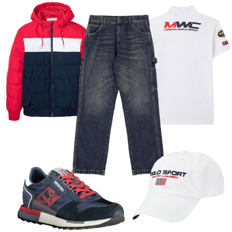 Outfit uomo - Total look #1984206. Stile Trendy per Tutti i giorni. Abbinamento con giacche, polo, jeans, cappelli, sneakers.