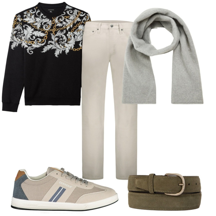 Outfit uomo - Total look #1984208. Stile Trendy per Tutti i giorni. Abbinamento con sciarpe e foulard, felpe, pantaloni, cinture, sneakers.