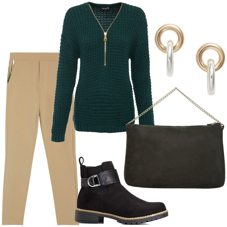 Outfit donna - Total look #1984214. Stile Casual per Tutti i giorni. Abbinamento con maglieria, stivaletti, pantaloni, pochette, orecchini.