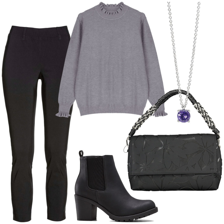 Outfit donna - Total look #1984217. Stile Urban per Tutti i giorni. Abbinamento con pantaloni, stivaletti, collane, maglieria, borse a spalla.
