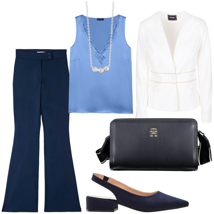 Outfit donna - Total look #1984257. Stile Chic per Ufficio. Abbinamento con décolleté, pantaloni, collane, blazer, top, borse a tracolla.