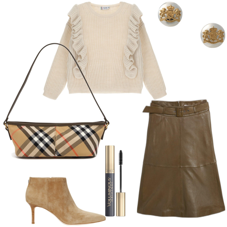 Outfit donna - Elegante. Stile Chic per Tutti i giorni. Abbinamento con gonne, mascara, pullovers, orecchini, stivaletti, borse a mano.