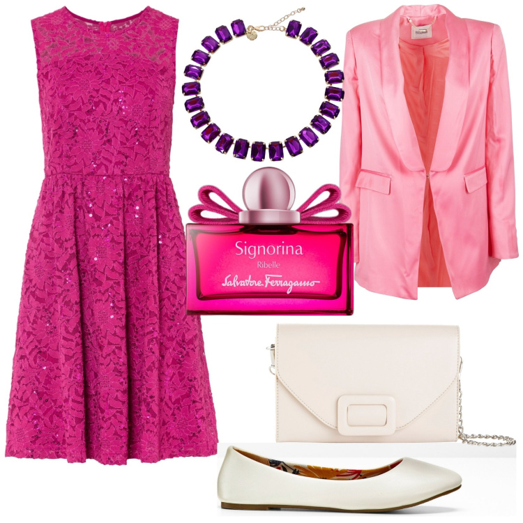 Outfit donna - Total look #1984261. Stile Romantica per Serata fuori. Abbinamento con ballerine, vestiti, pochette, profumi, blazer, collane.
