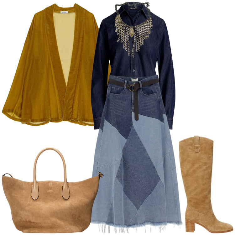 Outfit donna - Ocra denim e stivali in suede!. Stile Casual chic per Ufficio. Abbinamento con gonne longuette, blazer, stivali, camicie, borse tote, ciondoli.