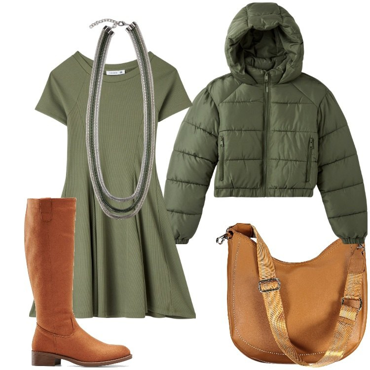 Outfit donna - Vestito e stivali. Stile Casual chic per Tutti i giorni. Abbinamento con stivali, vestiti corti, blazer, borse a spalla, collane.