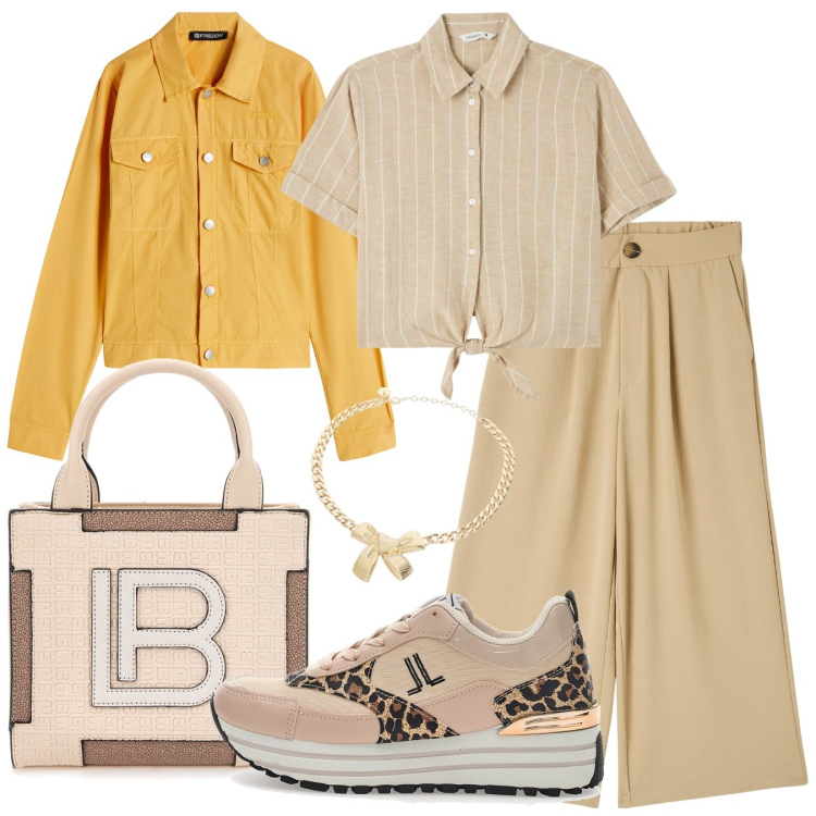 Outfit donna - Ocra amour. Stile Casual chic per Tutti i giorni. Abbinamento con pantaloni a palazzo, camicie a manica corta, blazer, collane, sneakers, borse a mano.