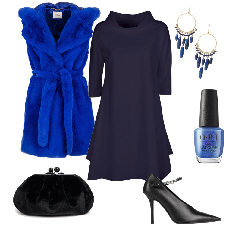 Outfit donna - Ecopelliccia e smalto bluette. Stile Glamour per Serata fuori. Abbinamento con décolleté, smalti, gilet, orecchini, vestiti, pochette.
