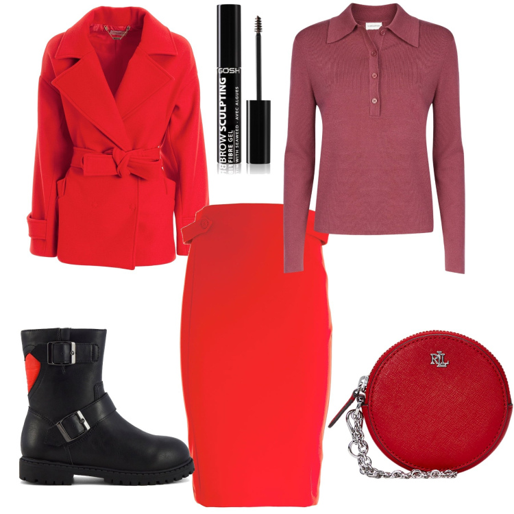 Outfit donna - Red passion. Stile Urban per Ufficio. Abbinamento con mascara, gonne, cappotti, pochette, polo, stivaletti.