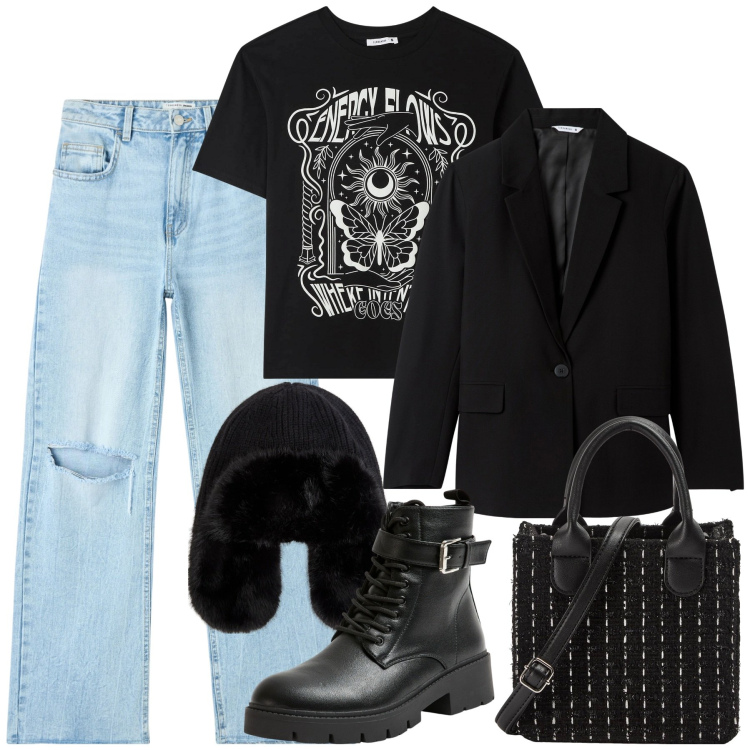 Outfit donna - Terranova rock. Stile Rock per Tutti i giorni. Abbinamento con jeans strappati, shopping bag, anfibi, blazer, t-shirt, berretti.