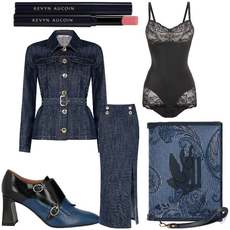 Outfit donna - Serata a teatro. Stile Glamour per Serata fuori. Abbinamento con body, mocassini, rossetti, gonne lunghe, blazer, clutch.