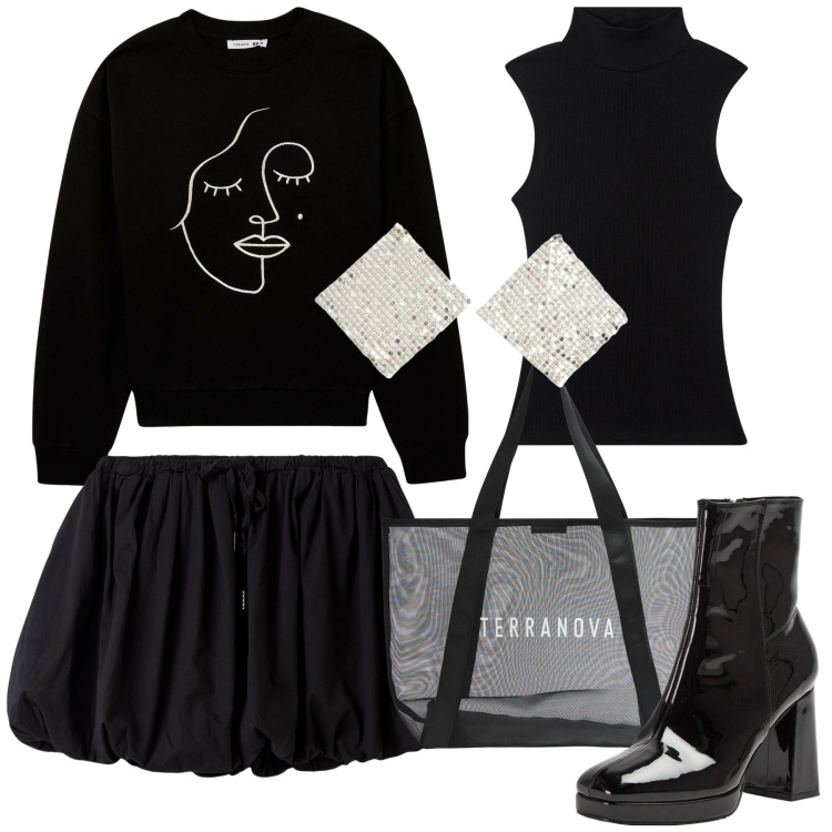 Outfit donna - Terranova trendy. Stile Trendy per Serata fuori. Abbinamento con felpe, orecchini, stivaletti, shopping bag, minigonne, top.