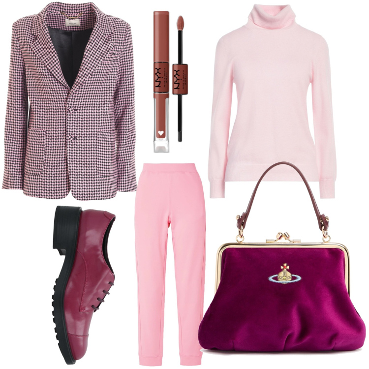 Outfit donna - Rosa ma non troppo. Stile Casual chic per Ufficio. Abbinamento con scarpe stringate, maglieria, pantaloni, rossetti, blazer, borse a mano.