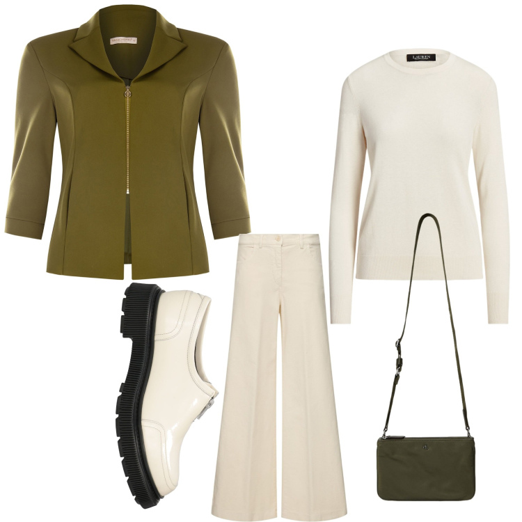 Outfit donna - Mai senza bianco. Stile Casual chic per Serata fuori. Abbinamento con mocassini, blazer, maglieria, borse a tracolla, pantaloni.